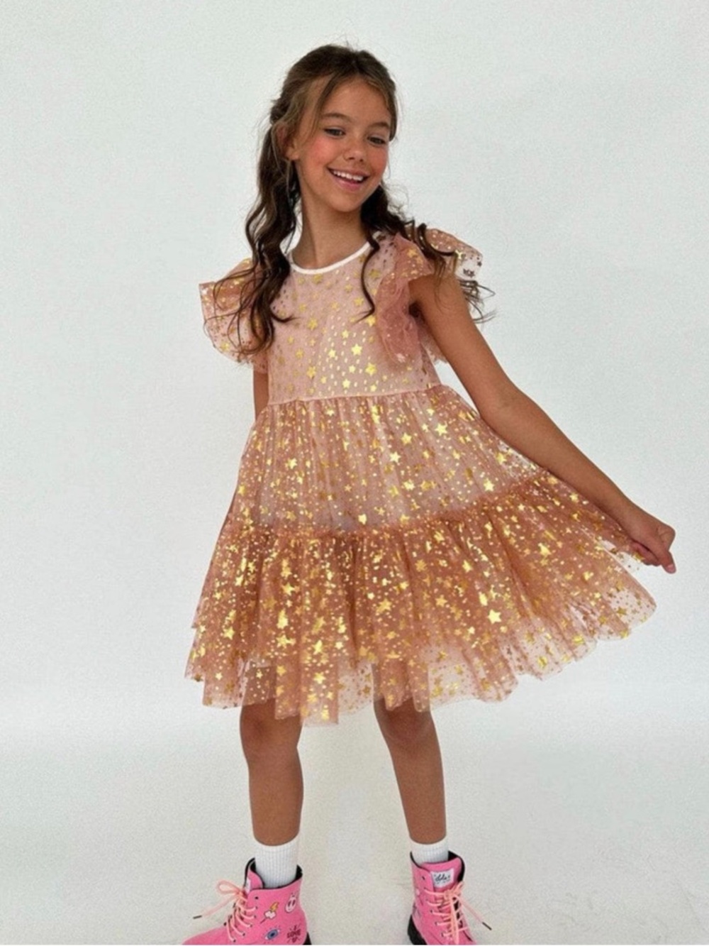 Girls Pink Star-Print Tulle Party Dress